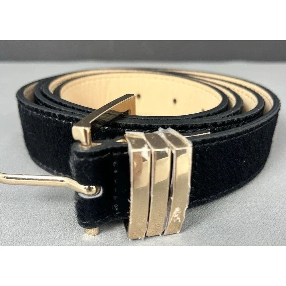 Vtg BANANA REPUBLIC COWHAIR COWHIDE WESTERN Leather Belt Woman XL Black USA